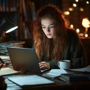 Focused college student studying late at night with a laptop and coffee cup on a desk.
