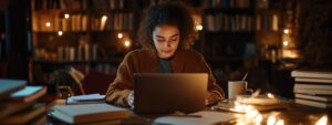 Female student in a brown sweater studying with a laptop and coffee under warm lights.