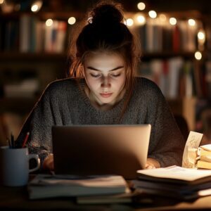 Student under warm study lights focused on laptop with notebooks and papers nearby.