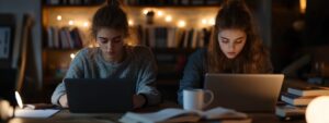 Two students working side by side on laptops in a late-night study room.