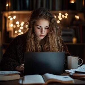 Focused college student studying theoretical chemistry at night with laptop and open books.