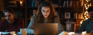 A college student working intently on a laptop during a group study session surrounded by books.