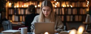 Student working on a laptop surrounded by books and coffee in a warm-lit library.