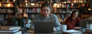 Two students studying side by side in a library setting with laptops and coffee.