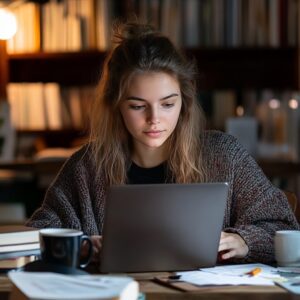 Student wearing a cardigan studying on a laptop with coffee in hand.