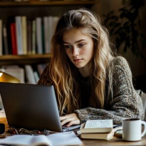 Young female student working on a laptop with notes and coffee.
