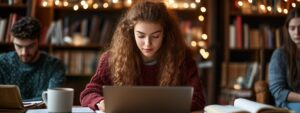 Female student writing notes beside her laptop in a warmly lit library.