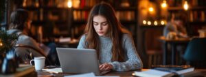 Student in a cozy library setting studying intensely on a laptop with notes spread out.