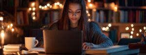 Female student studying late at night with laptop and glowing lights in background.