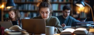 Student deeply focused on laptop with books and coffee in library setting.