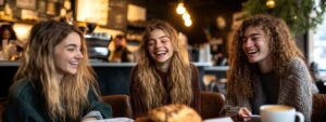 Three smiling students chatting together at a café while studying.