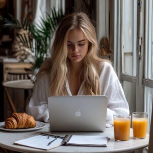 Young woman studying on laptop at café table with juice and croissant.