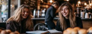 Two female students smiling and laughing together in a café with notebooks on the table