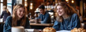 Two smiling students studying together in a café.