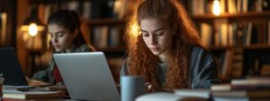 Two students studying with laptops in a warmly lit library.