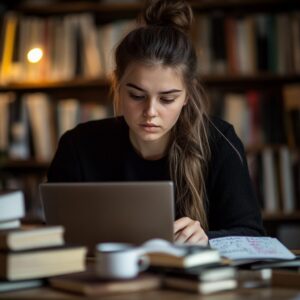 College student focused on laptop and notes, preparing for a statistics exam.