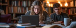 Female student focused on her laptop with stacks of books in a library.