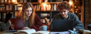 Two students studying side by side with books and laptops.