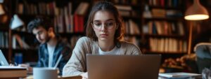 Student in glasses studying at a library with laptop and books.