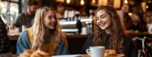 Two smiling students discussing notes in a coffee shop.