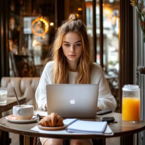 Two students smiling and talking in a café with notebooks and coffee.