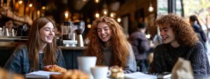 Three college friends laughing together in a café while books and coffee sit on the table.