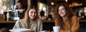 Two students laughing and reviewing notes in a cozy café setting.