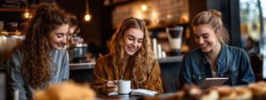 Three college students laughing and studying together in a café.