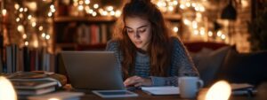 Student in a festive, cozy study room working on laptop with string lights in the background.