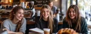 Three college students laughing together at a café table.