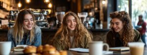 Three students smiling and enjoying time at a café with books and coffee.