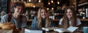 Group of three students smiling together in a café while reviewing notes.