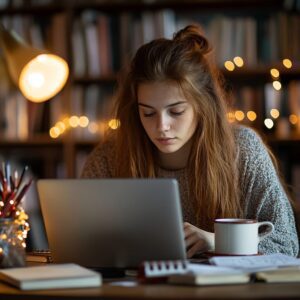 Student with coffee cup working intently on a laptop at a study desk.