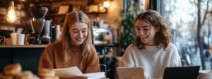 Two students smiling while reviewing notes in a café with books and laptops.