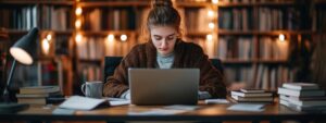 Young woman in a library working on her laptop with books spread across the table.