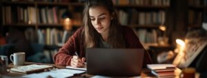 Female student writing notes while working on laptop in library.