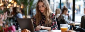Student in floral blouse working on laptop at café with croissant and juice.