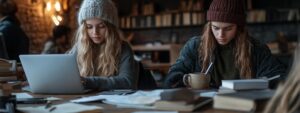Two students with cozy winter hats studying together with laptops and coffee.