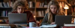 Two students working on partnership accounting problems together in a library setting.