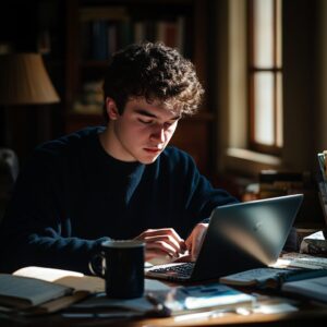 Male student preparing for a partnership accounting exam with laptop and books on desk.