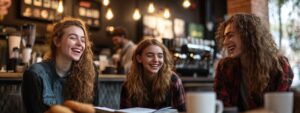 Group of students laughing and enjoying coffee while discussing partnership accounting notes.