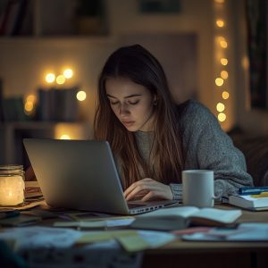 Nurse studying cardiovascular nursing materials on a laptop at a desk with books and notes.