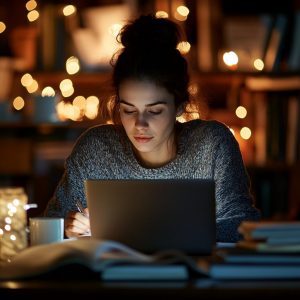 Nursing student working late on her ATI Community Health coursework using a laptop.