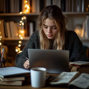 Focused nursing student studying for her ATI Critical Care Nursing exam on a laptop.