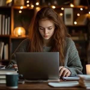 Female student studying on a laptop with textbooks and a coffee mug on a desk in a softly lit study environment.