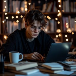 Male nursing student studying late at night for his Health Assessment exam on a laptop.