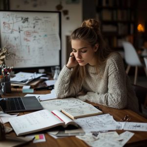 Female nursing student studying oncology notes at a desk with laptop and textbooks in a well-lit home study space.