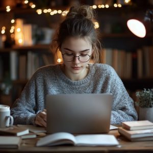 Nursing student studying dosage calculations on laptop in a café with coffee and croissant.