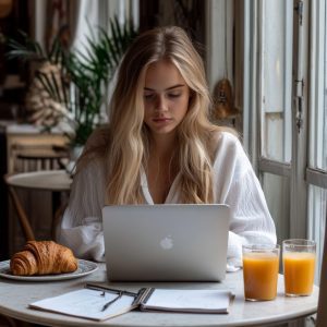 Female nursing student working on a laptop at a café table with notebooks, croissant, and juice beside her.