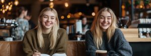 Two medical students smiling in a café after preparing for their Internal Medicine exam.